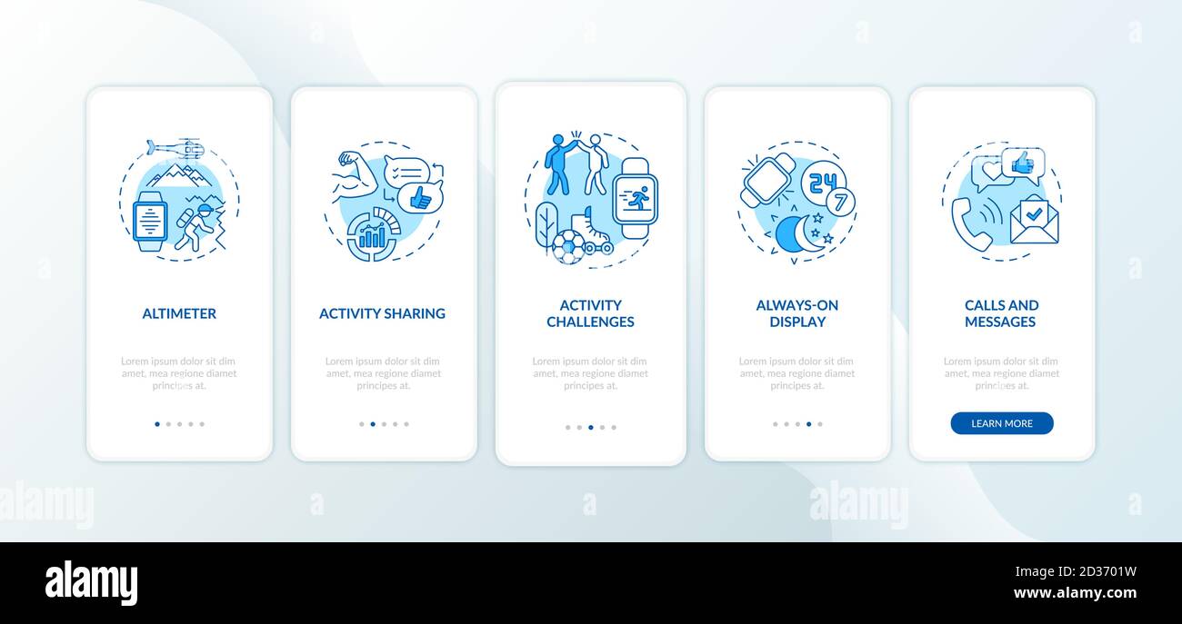 Smartwatch features onboarding mobile app page screen with concepts Stock Vector