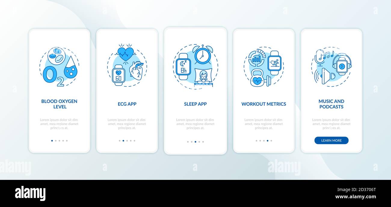 Smart watch functions onboarding mobile app page screen with concepts Stock Vector