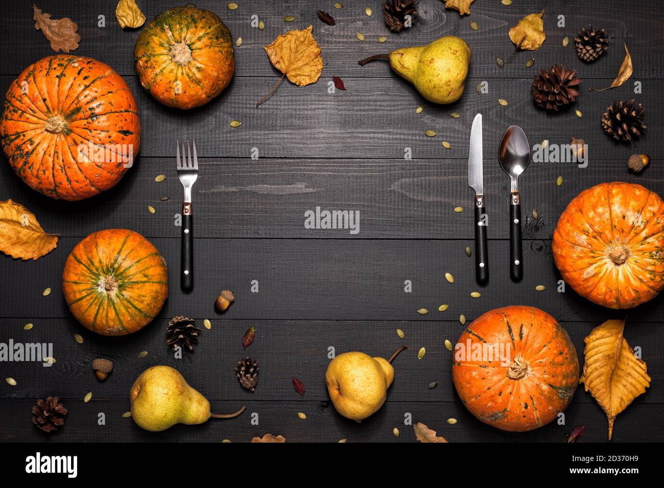 Autumn table setting with empty white plate and pumpkins. Stock Photo