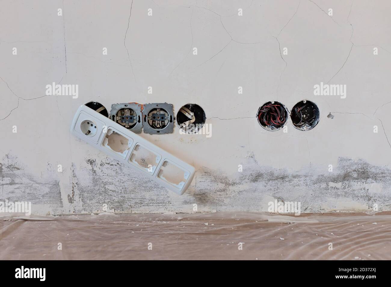 various sockets installed in socket boxes Stock Photo