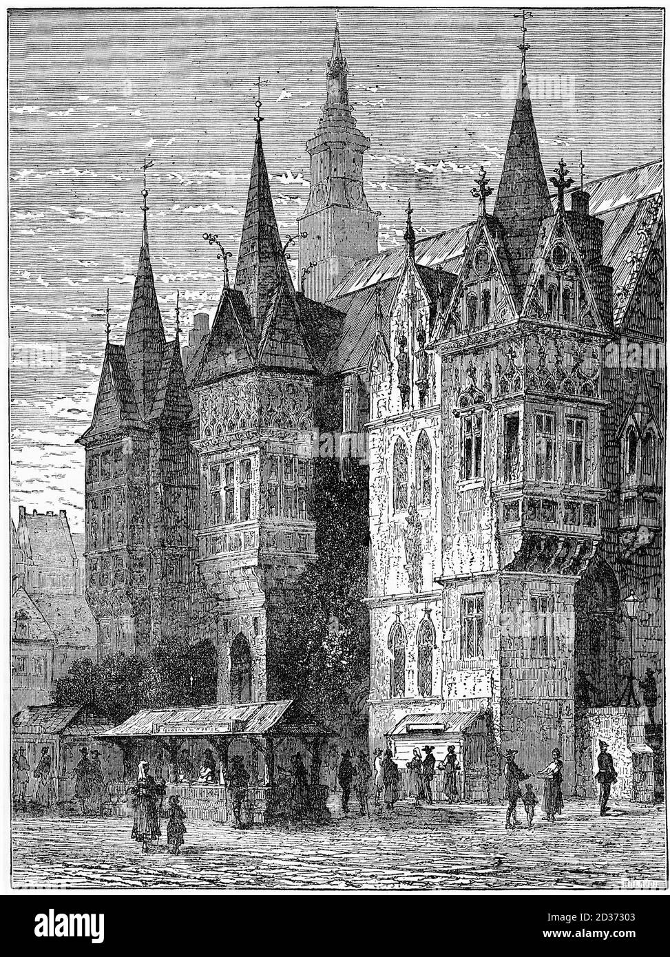Engraving of the town hall of Breslau, Silesia in the 1500s