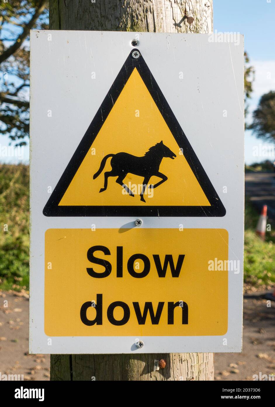 Triangular warning sign or notice horses slow down. Stock Photo