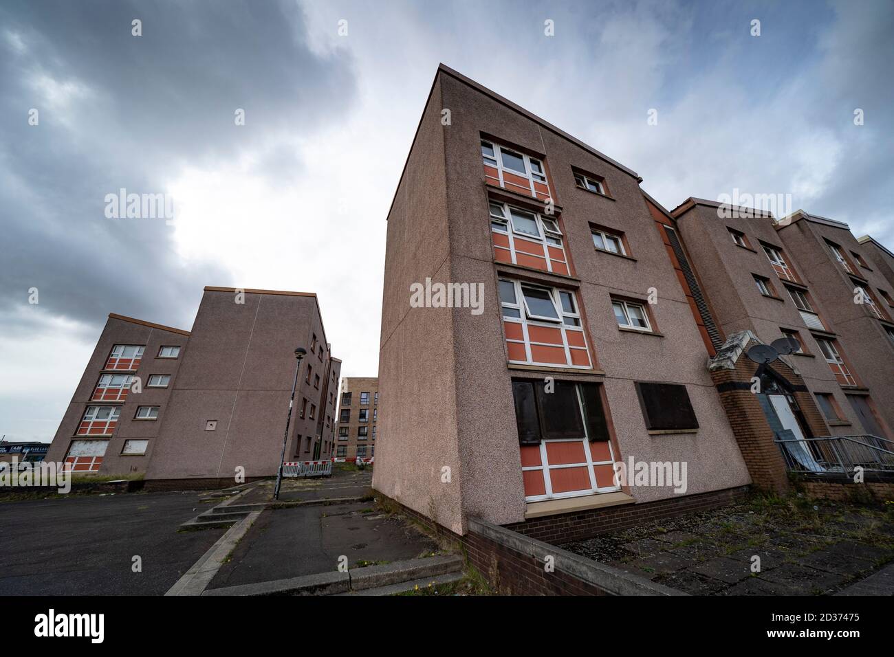 Exterior of condemned blocks of social housing flats prior to