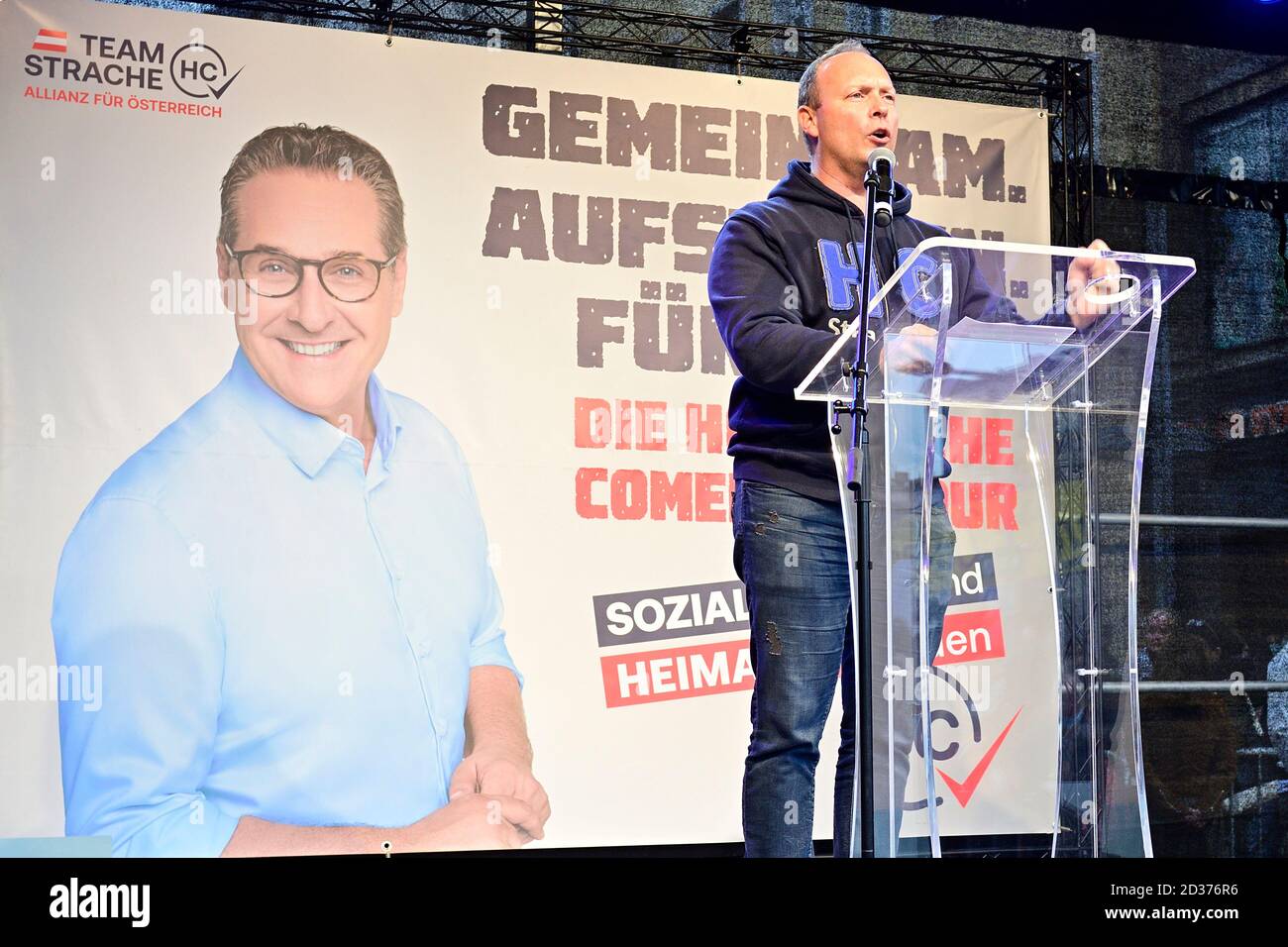 Vienna, Austria. 7th Oct, 2020. The “HC Strache Comeback Tour” campaign ends with a speech by top candidate Heinz Christian Strache and a live performance of the campaign song “HC IS BACK”. The picture shows  Christian Höbart. Stock Photo