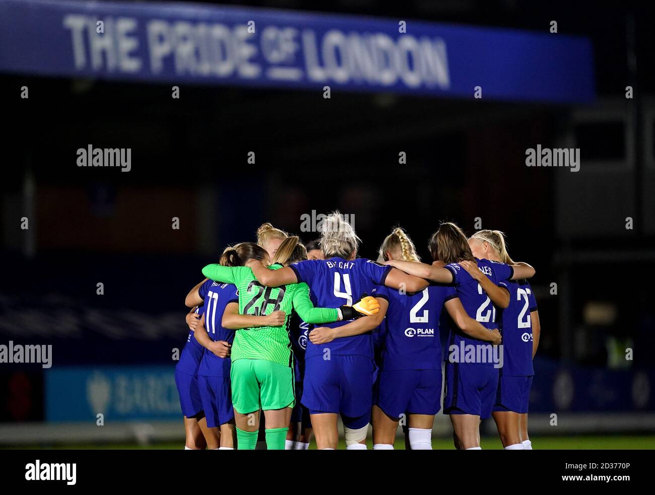 Chelsea women team huddle before the FA Continental League Cup match at Kingsmeadow, London. Stock Photo