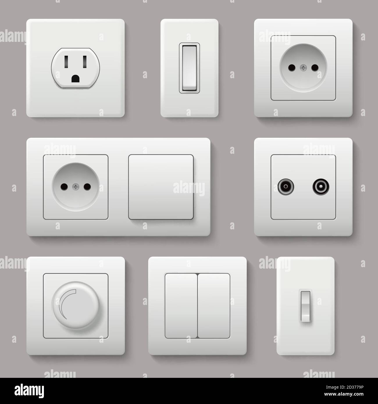 Wall switch. Power electrical socket electricity turn of and on plug vector realistic pictures Stock Vector