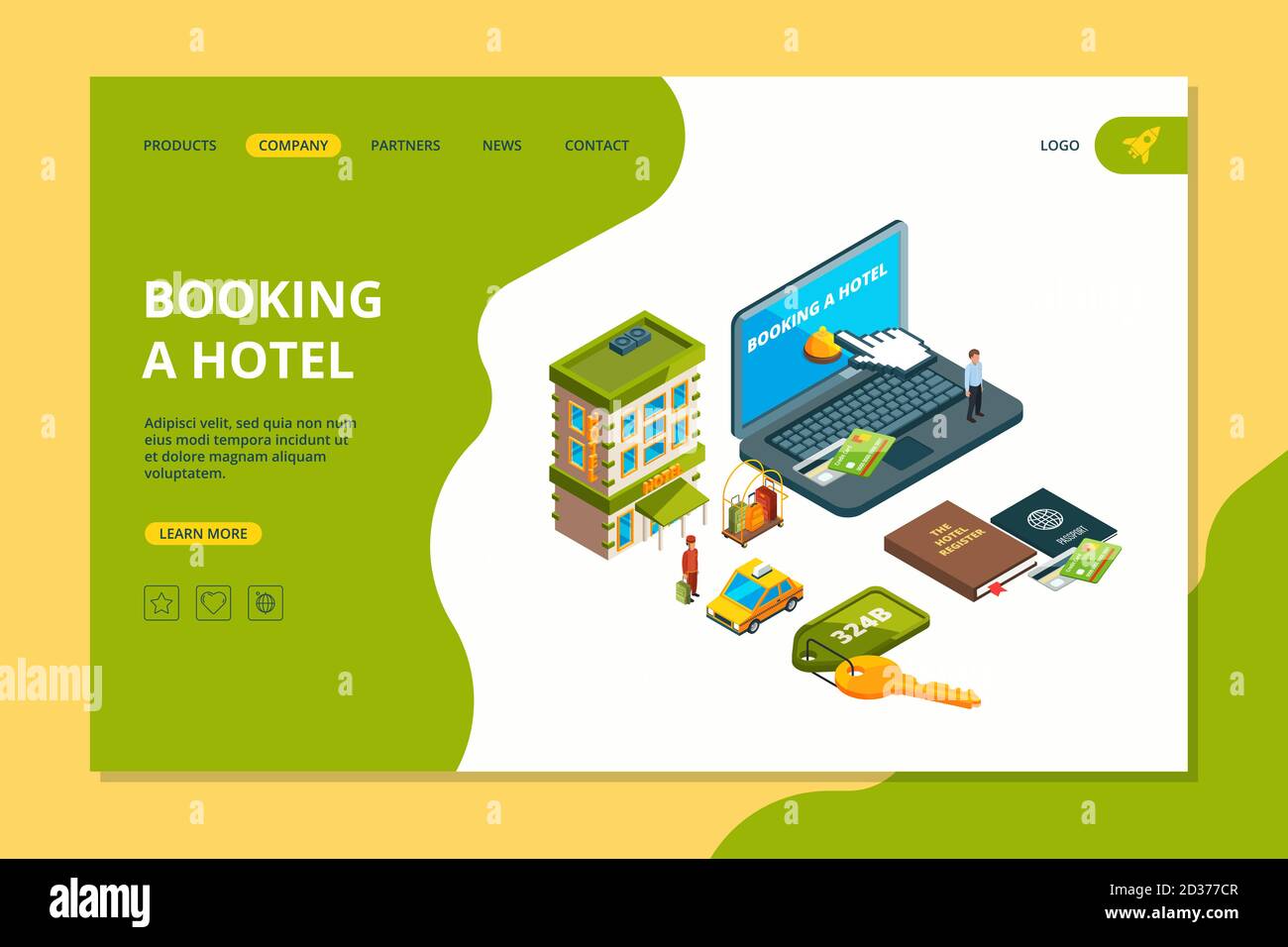 Booking hotel. Order online search reservation hotel room appartment for travellers isometric vector pictures Stock Vector