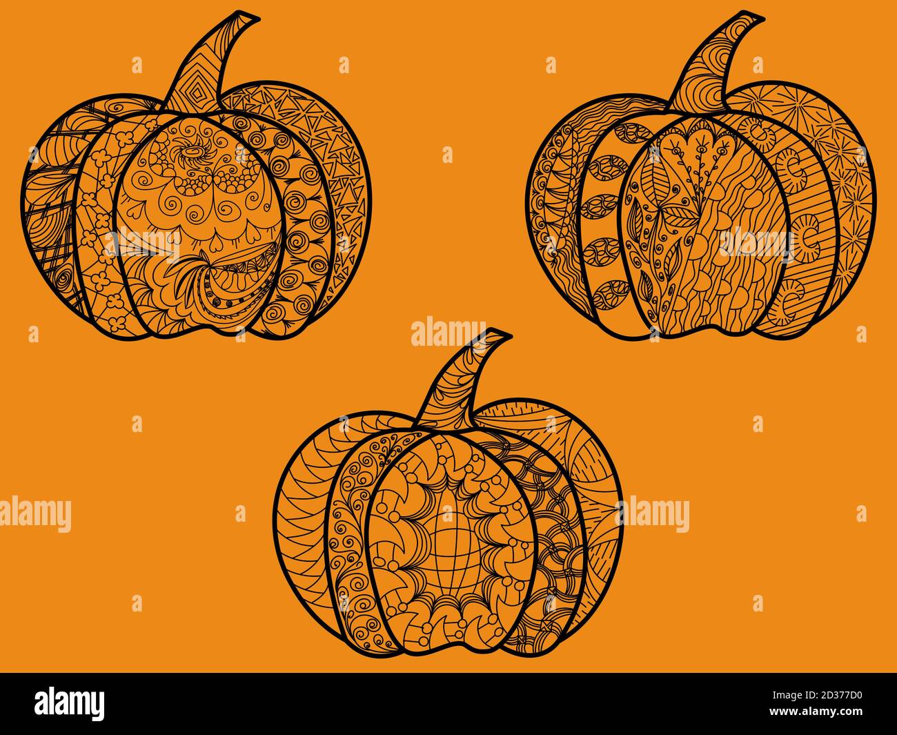 Three Halloween pumpkins on an orange background decorated with a subtle pattern in an ethnic style Stock Vector