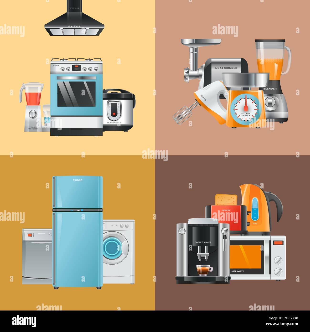 Appliances realistic. Home electrical equipment refrigerator washing machine microwave blender mixer hood gas stove vector collection Stock Vector