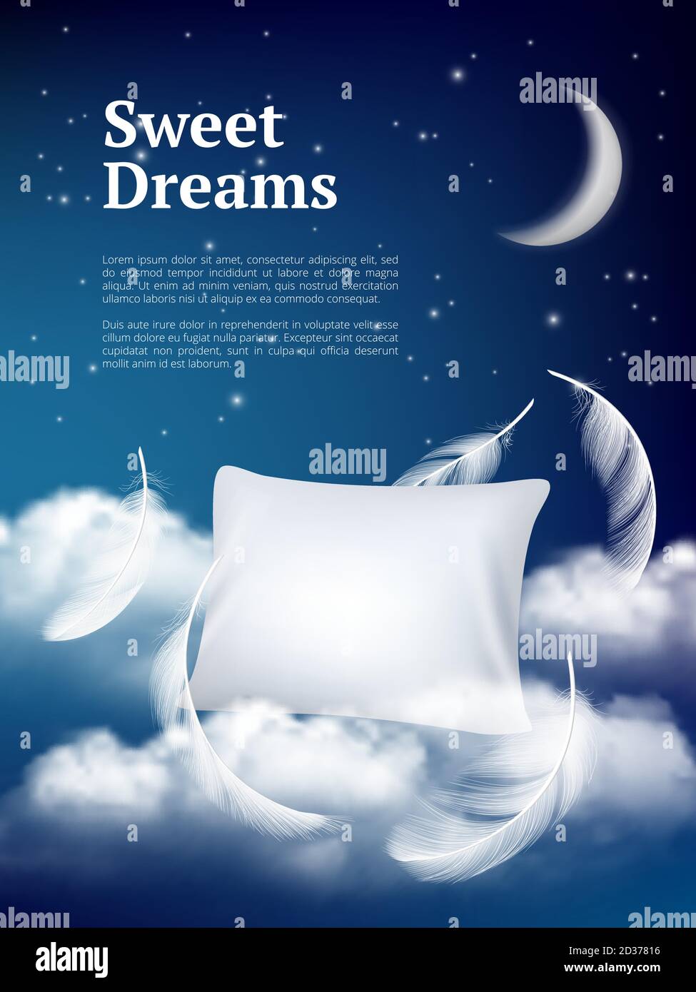 Night dream pillow. Advertizing poster with pillows clouds and feathers