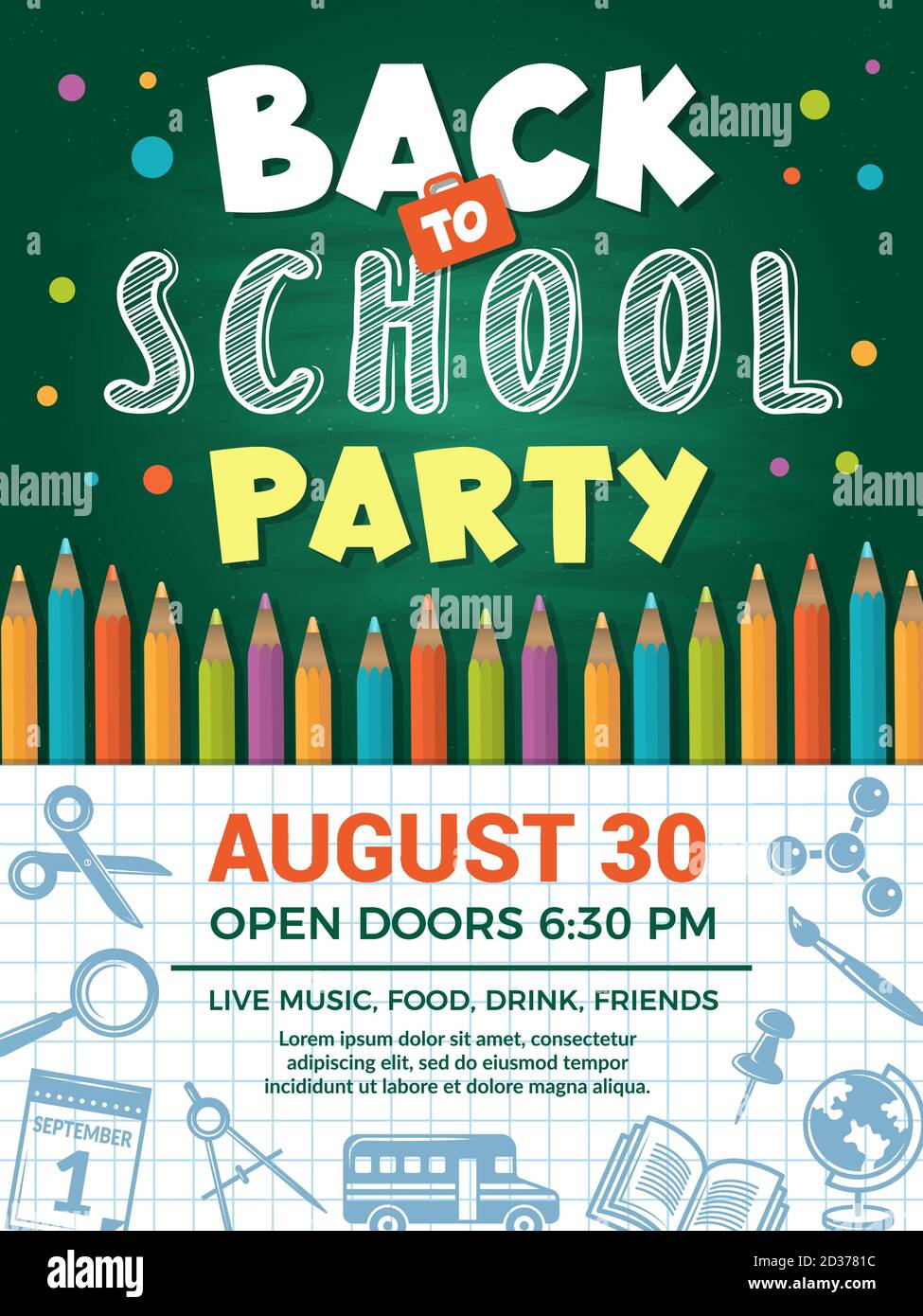 Back to school poster. Design template of school placard or back education banner for schooling event party Stock Vector