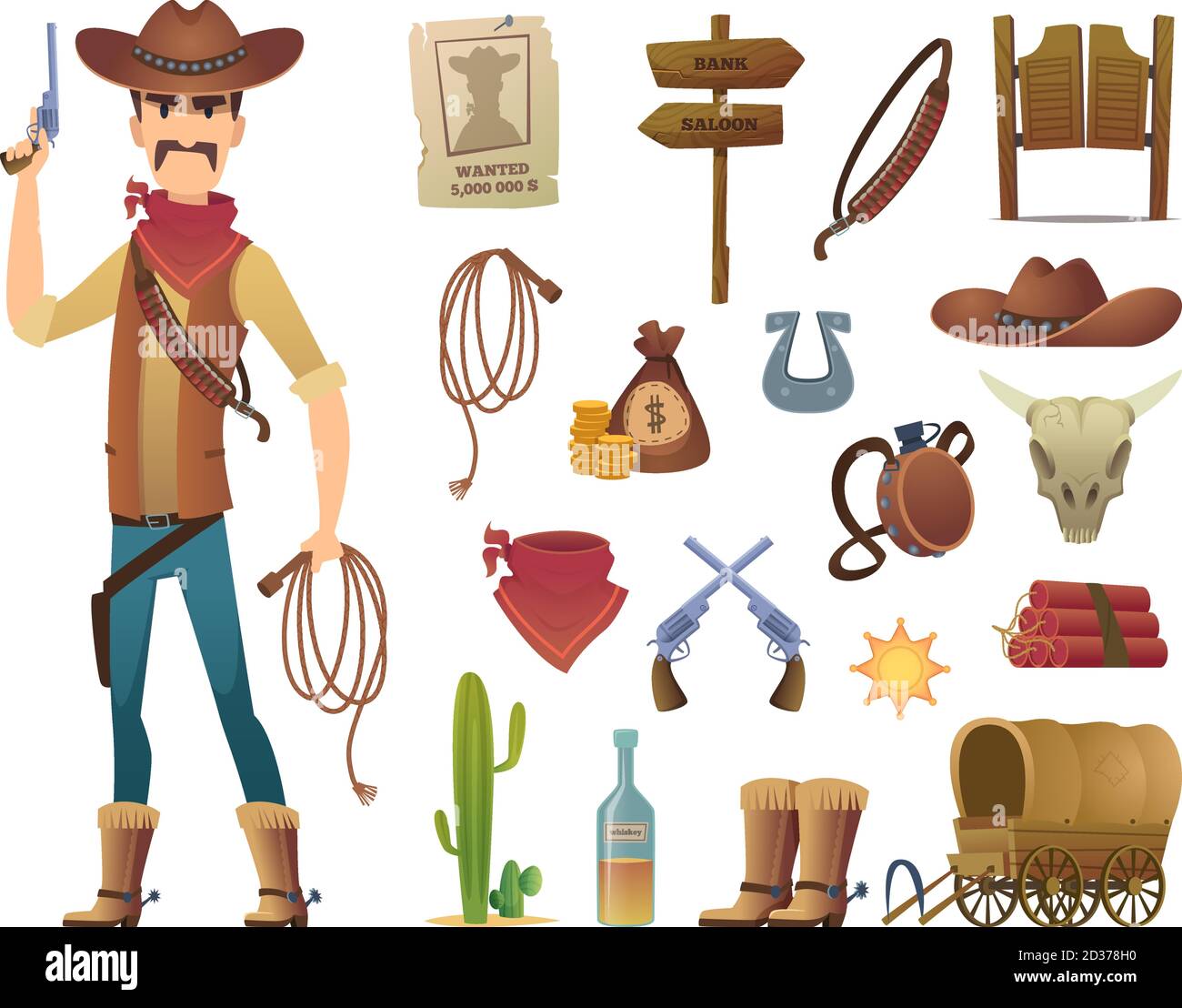 Wild west cartoon. Saloon cowboy western lasso symbols vector pictures isolated Stock Vector