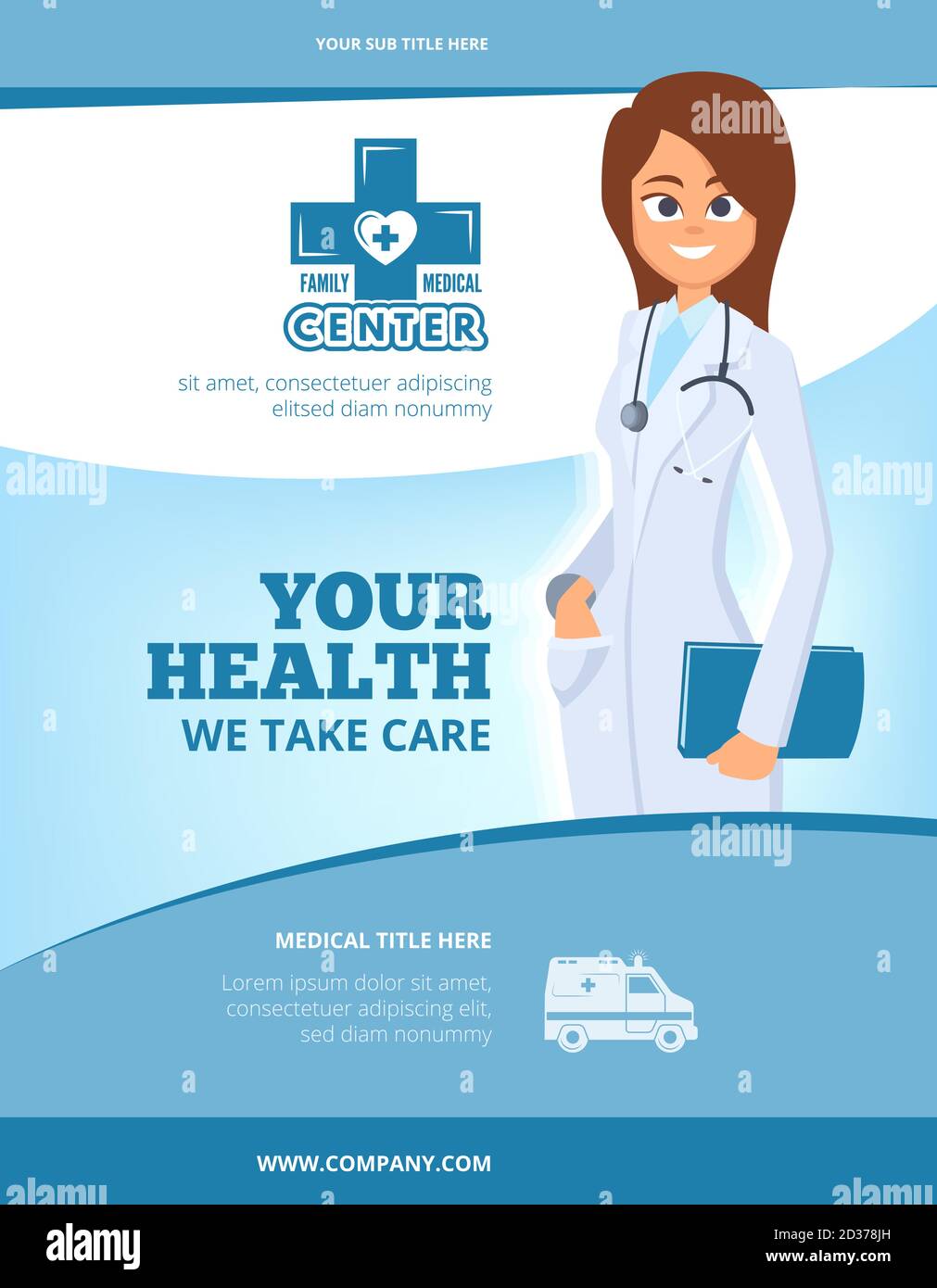 Advertising medical flyer. Brochure cover layout design with female