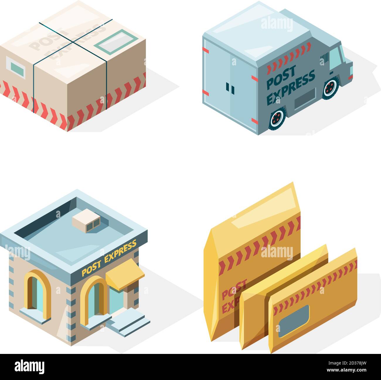 Post office. Mail and package delivery service cargo postbox mailman worker vector isometric pictures Stock Vector