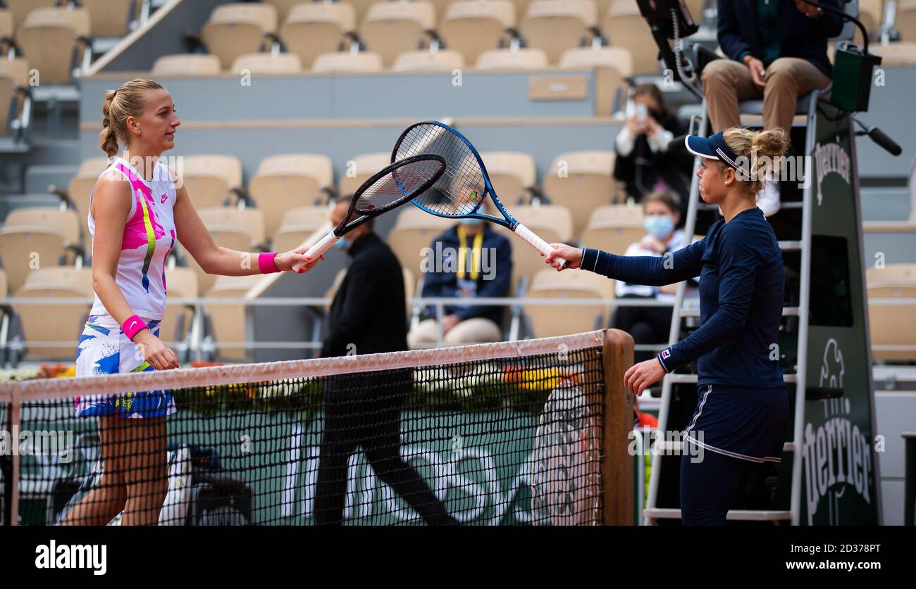 Paris, France, Italy. 07th Oct, 2020. Petra Kvitova of the Czech Republic  and Laura Siegemund of Germany at the net after their quarter-final match  at the Roland Garros 2020, Grand Slam tennis