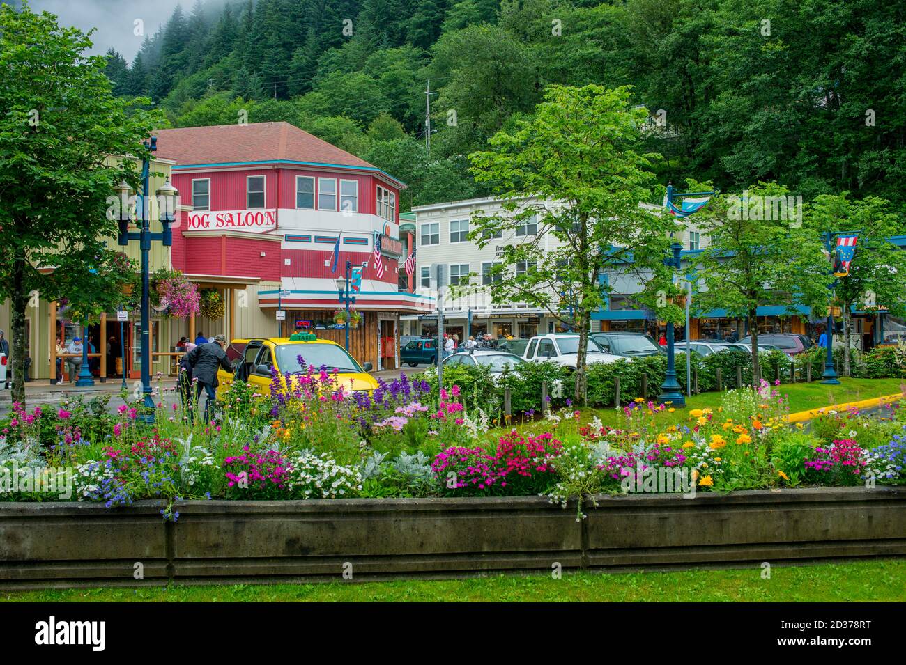 Street scene in downtown Juneau, Alaska, USA with the historic Red Dog