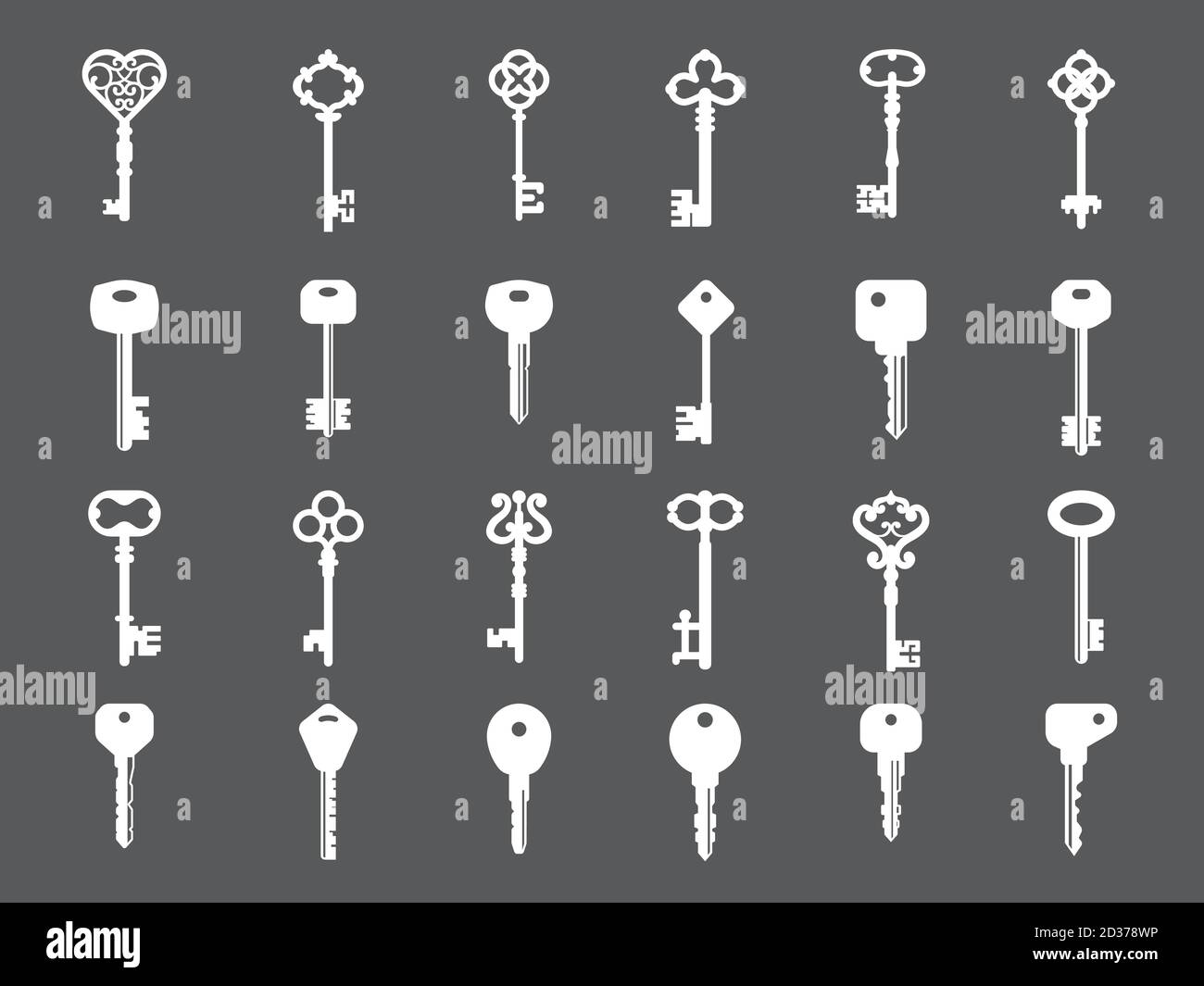 Key collection. Retro and modern house key silhouettes vector template for logo design Stock Vector