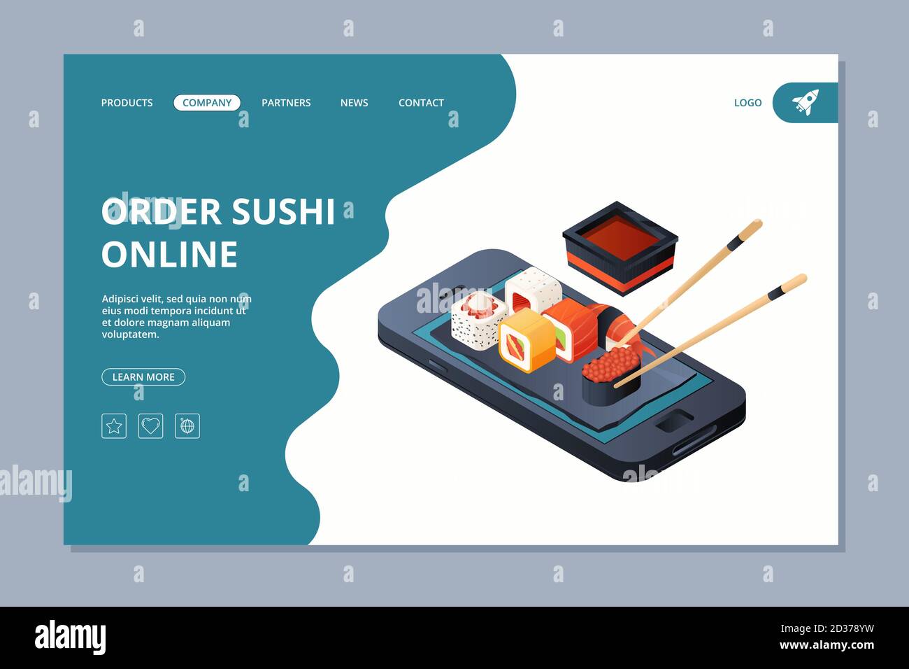 Food delivery. Sushi seafood landing website page design template online delivery vector business landing Stock Vector