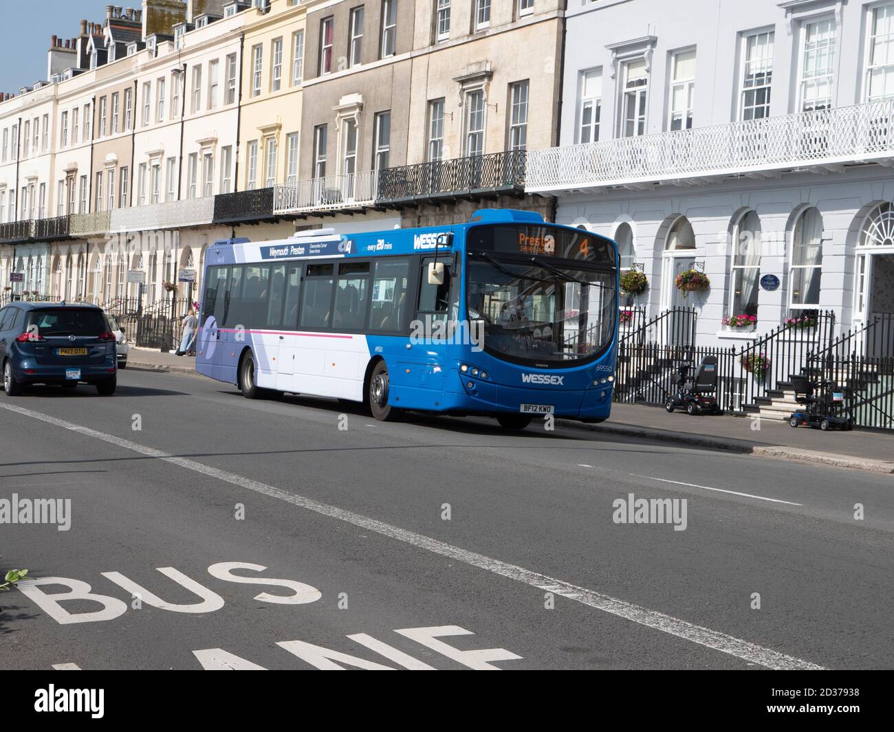 First Wessex single deck bus on the Esplanade at Weymouth en route to Preston Stock Photo