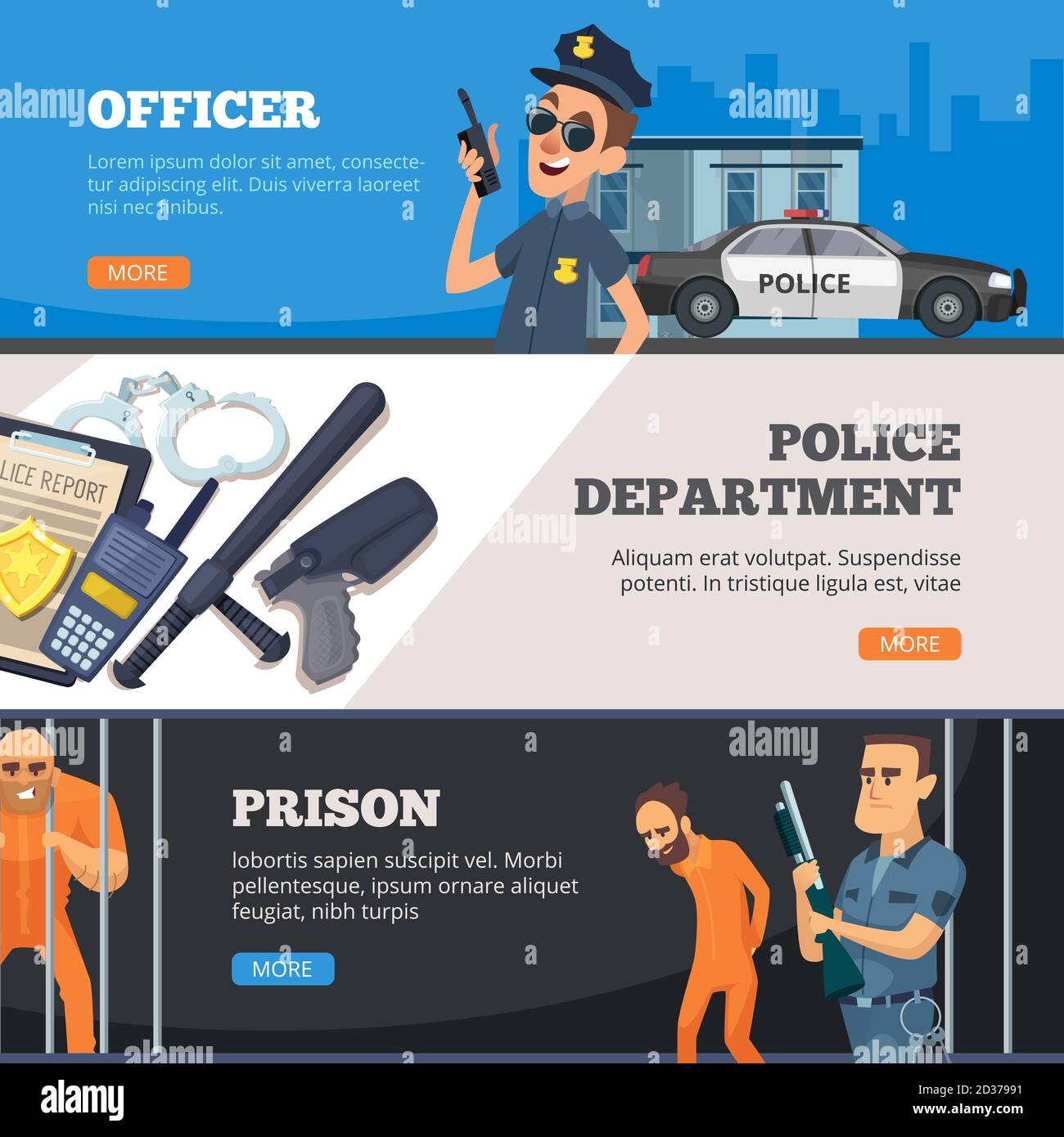 Police banners. Urban security police officer standing in uniform prison and overseer with weapon vector design collection Stock Vector