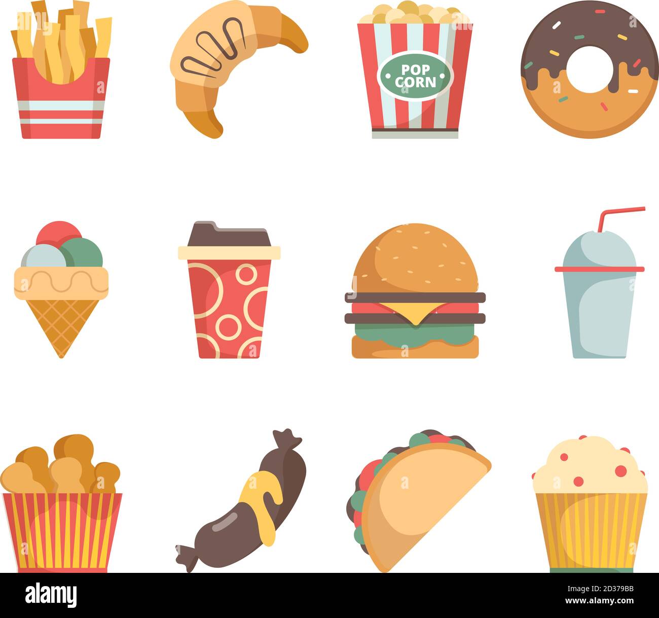 Fast food icons. Hamburger pizza sausages snacks sandwich ice cream food menu vector flat pictures Stock Vector