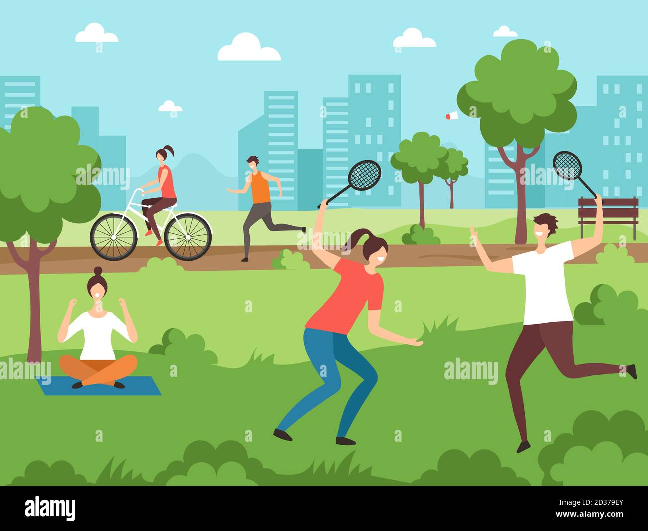 Outdoor sport activities. Fitness people making some exercises in park outdoor vector couples Stock Vector