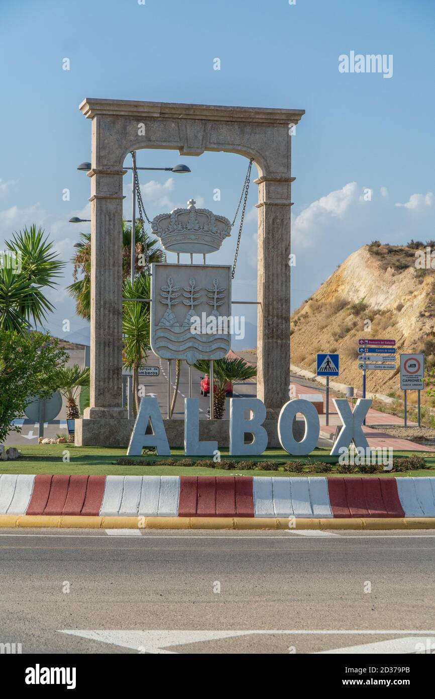 Sign to the entrance of the town of Albox, Almeria, Spain Stock Photo