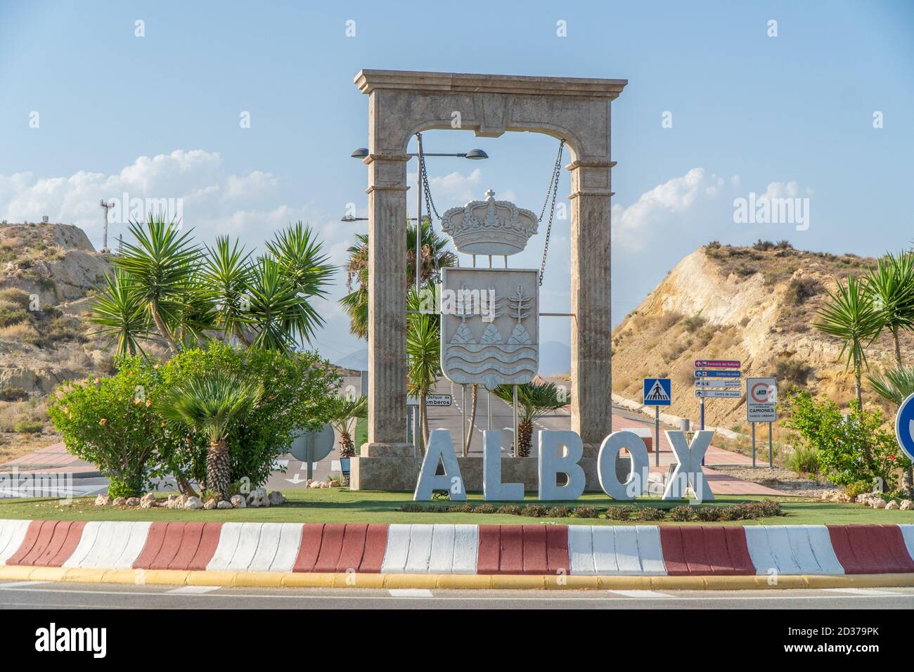 Sign to the entrance of the town of Albox, Almeria, Spain Stock Photo