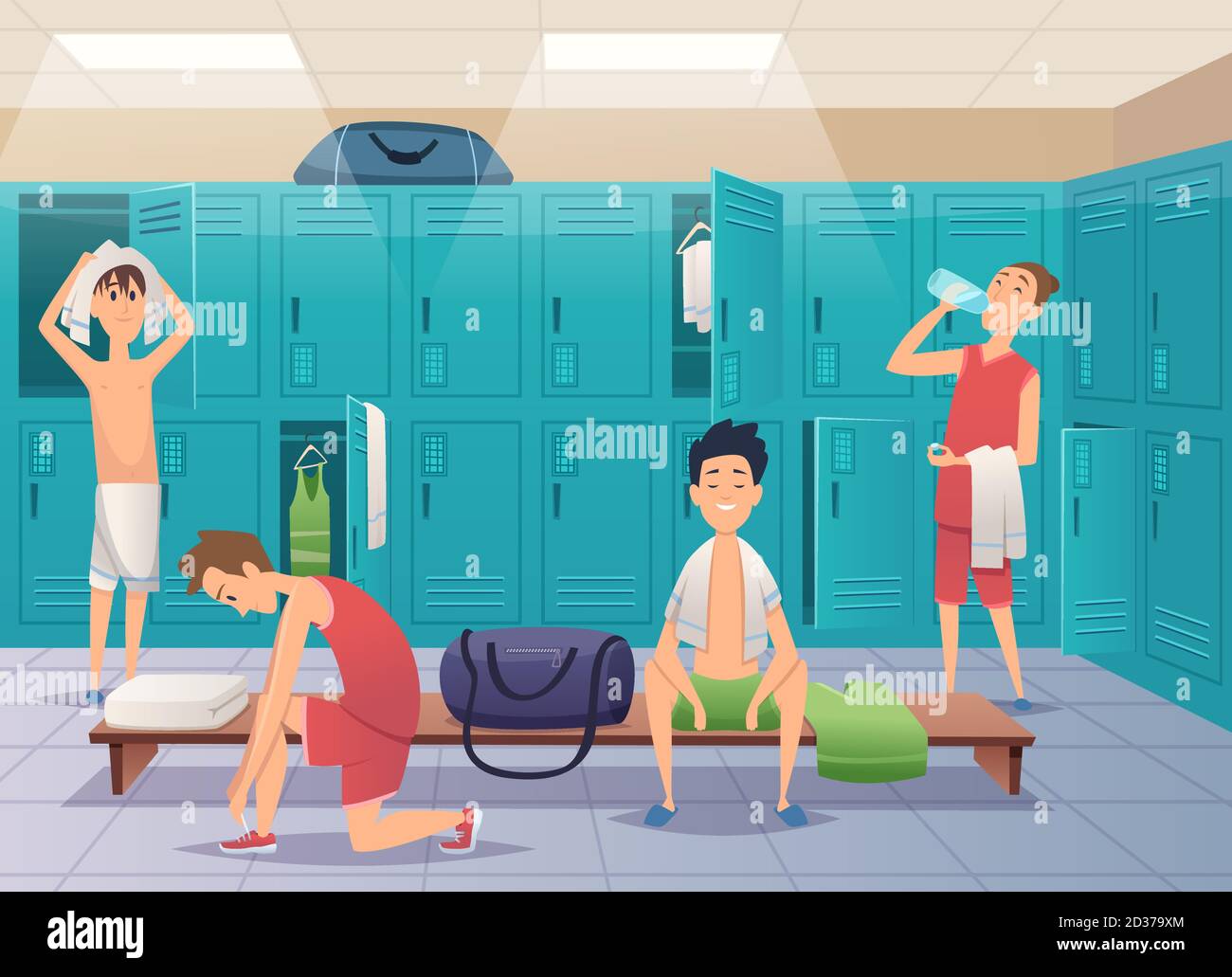 School locker room. Sport gym locker with kids in college vector cartoon background Stock Vector