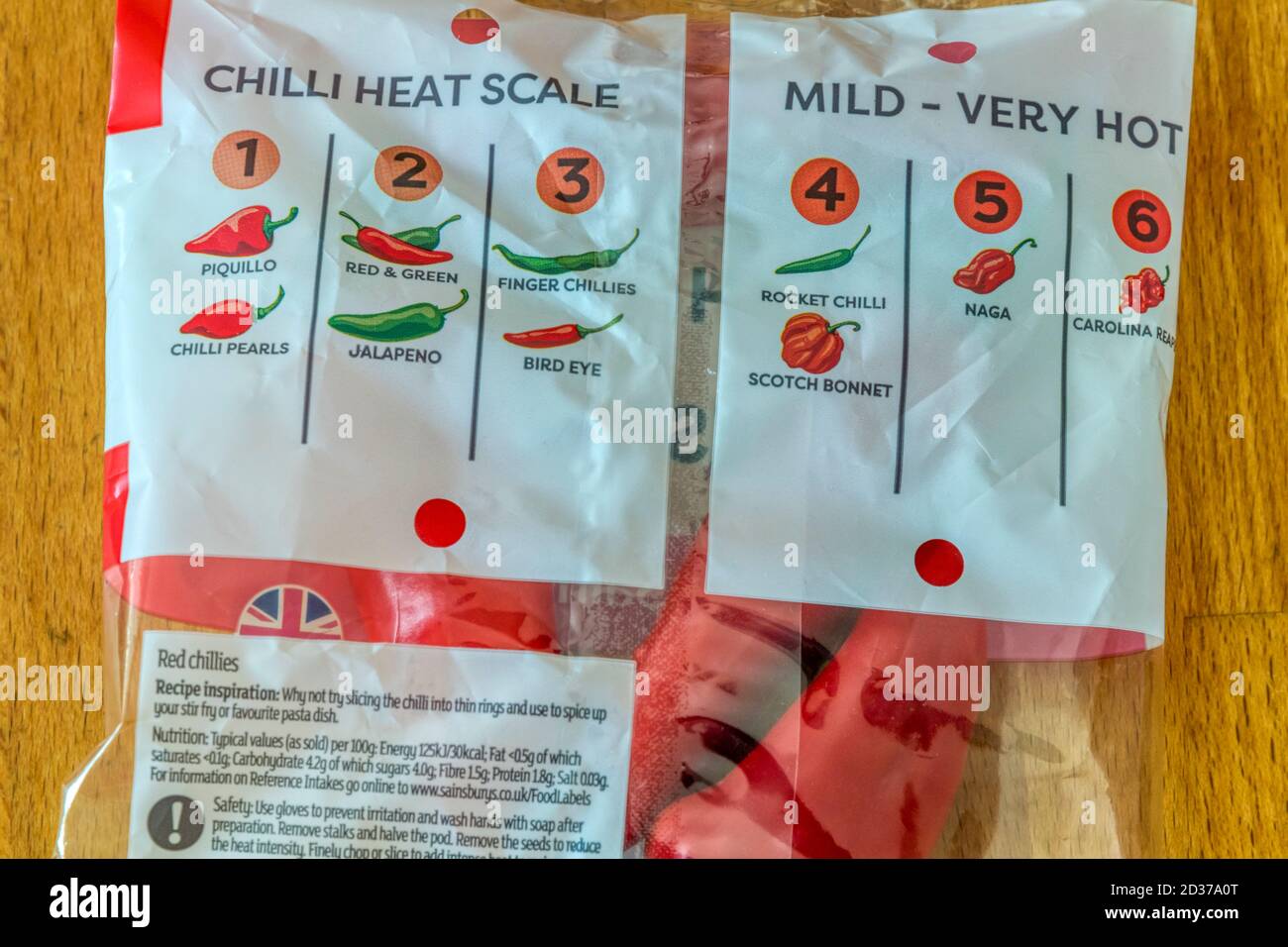 Chilli Heat Scale on a packet of red chillies bought from a supermarket. Stock Photo