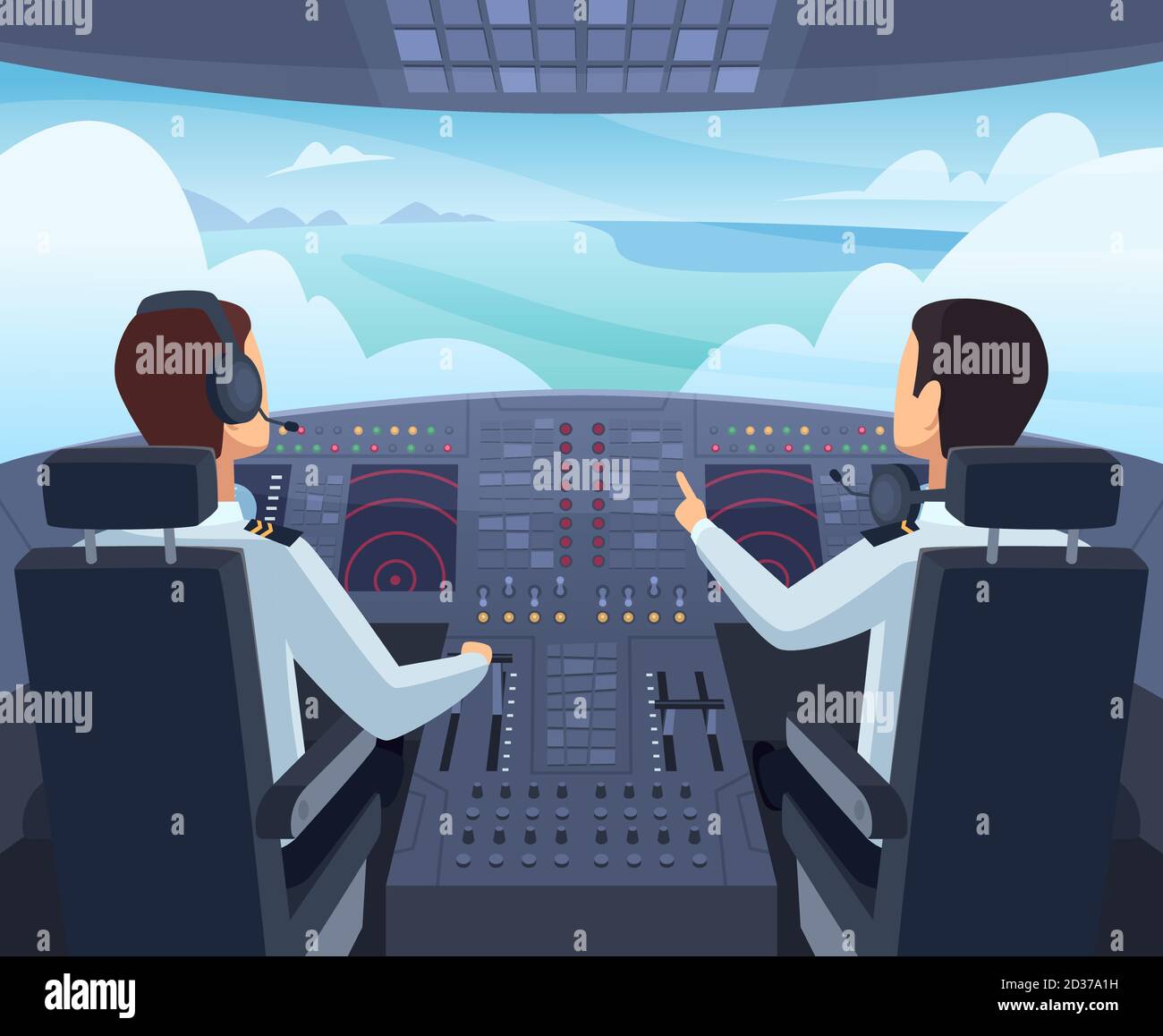 Airplane cockpit. Pilots sitting front of dashboard aircraft inside vector cartoon illustrations Stock Vector