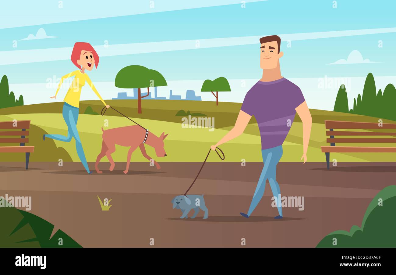 Pets walking. Animals happy owners outdoor in park running or cycling with  dogs activity vector background Stock Vector Image & Art - Alamy