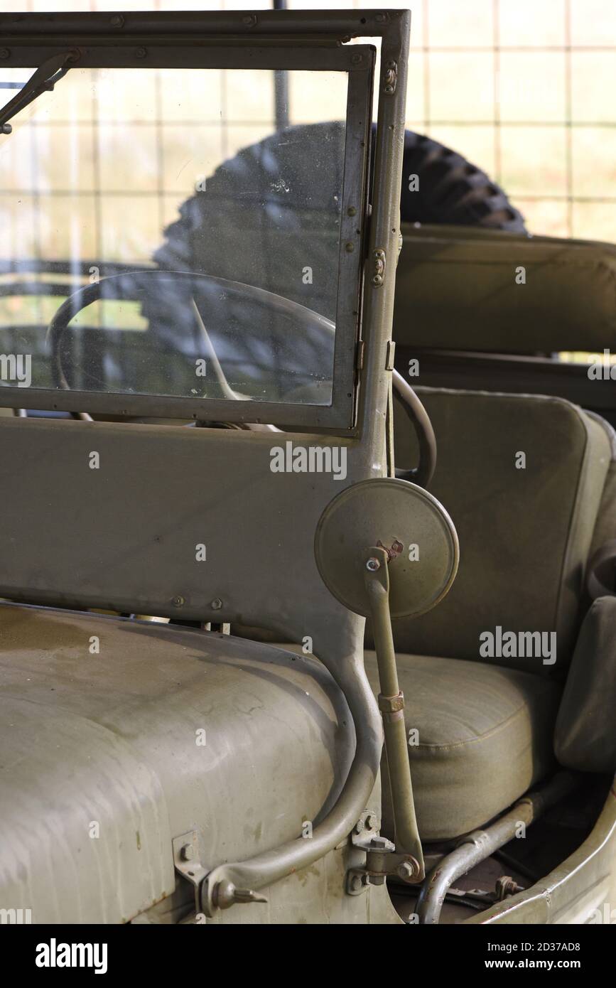 Detail showing hood, wind screen window and steering wheel in a 1943
