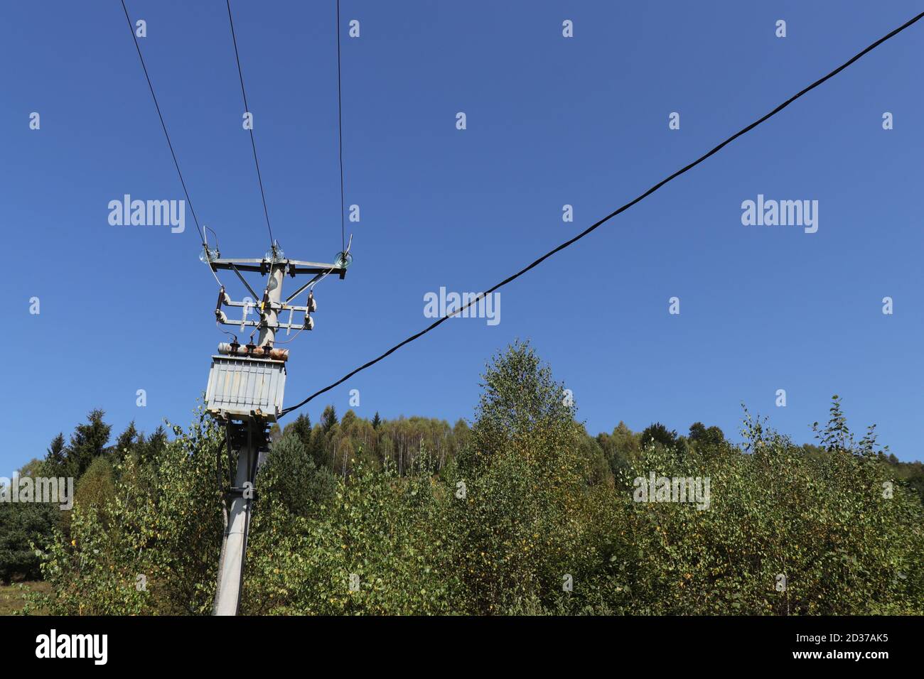 Electric power pole and cables high voltage Stock Photo