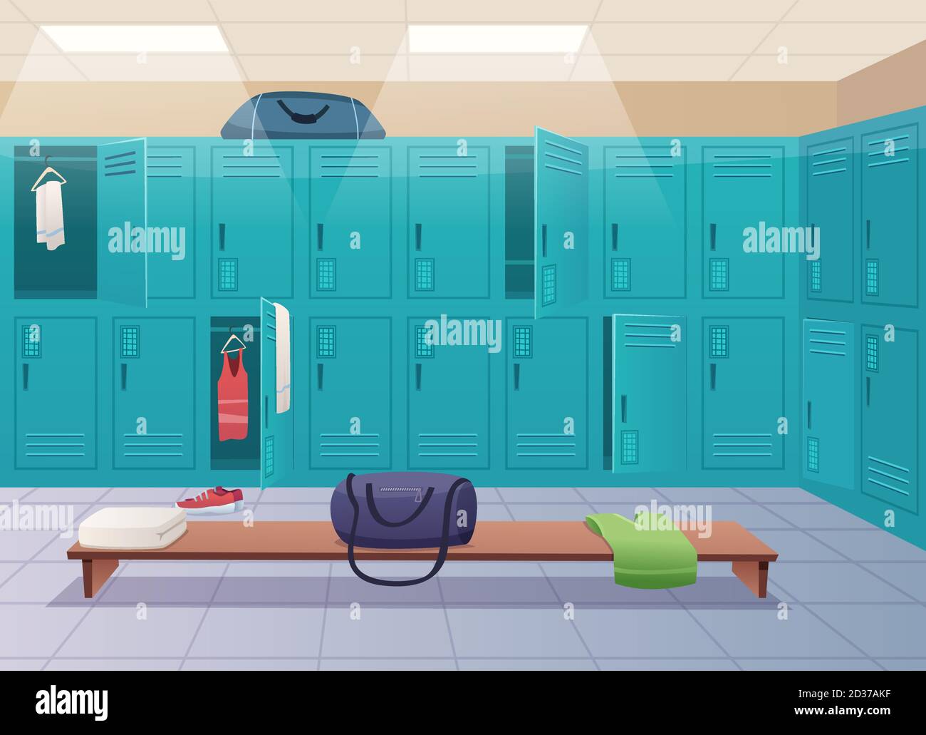 School changing room. College gym sport lockers changing room interior classroom with equipment and corridor vector cartoon background Stock Vector