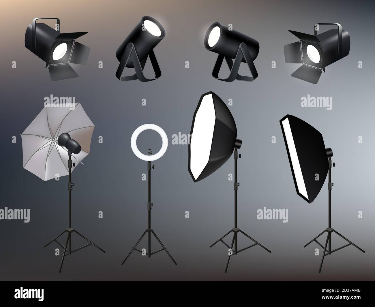 Photo studio accessories. Spotlights softboxes and glow and vivid backstage light vector realistic Stock Vector