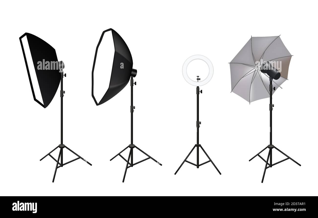 Realistic spotlights. Photo video accessories for studio softboxes spotlights vivid light shine glow effects vector pictures Stock Vector