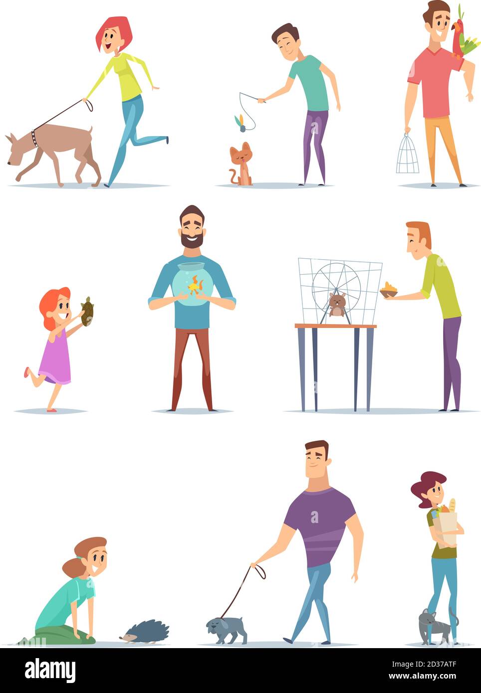 Animal owners. Happy domestic pets with young male and female holders animals cats dogs walking vector cartoons Stock Vector