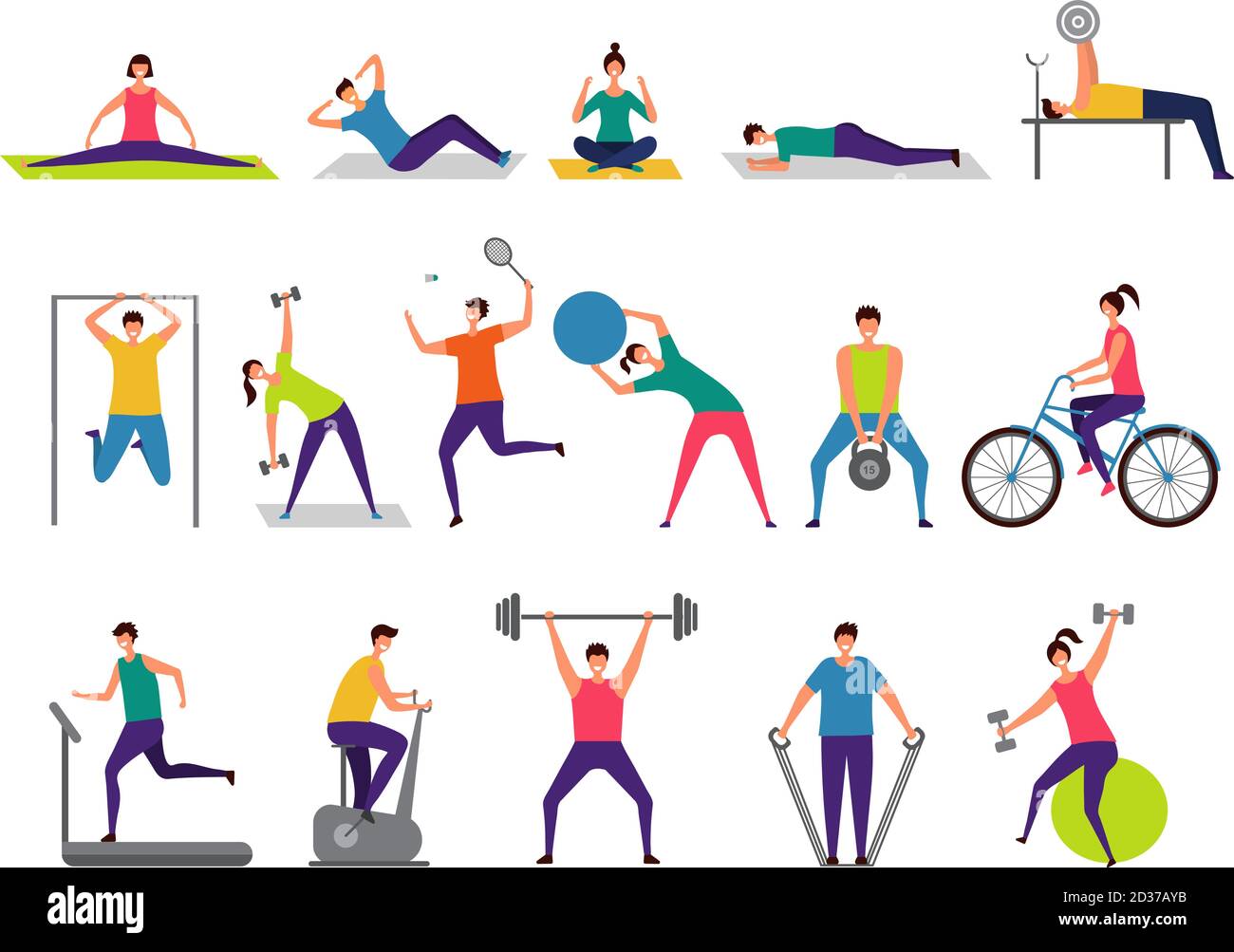 Sport activities. Active people making fitness actions running jumping playing cycling vector characters Stock Vector