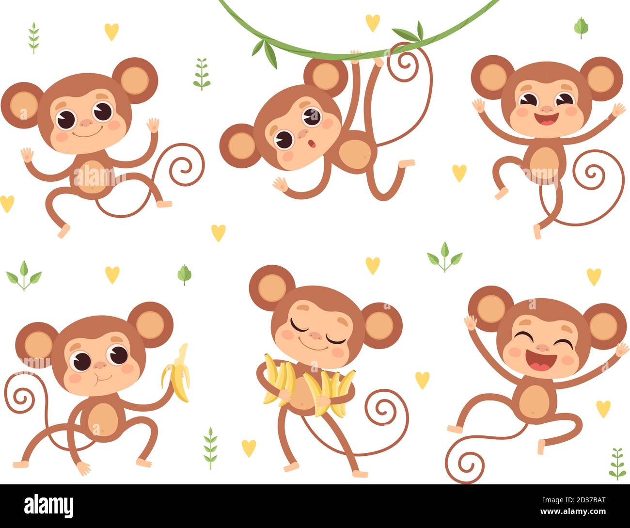 Cute monkeys. Jungle wild animals baby little monkeys playing vector characters in action poses Stock Vector