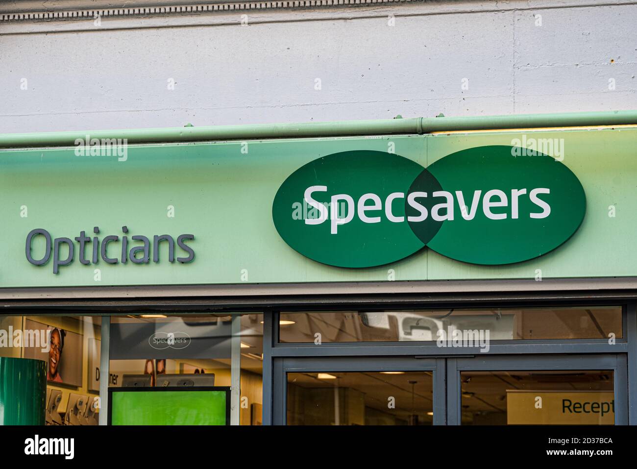 Derry, Northern Ireland- Sept 27, 2020: The sign for Specsavers Opticians  in Derry. Stock Photo