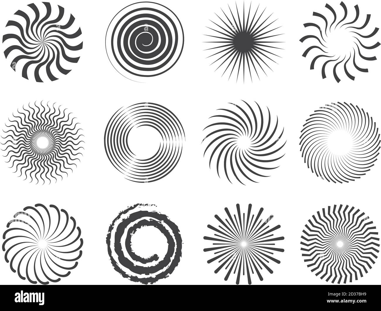 Spiral design. Circles swirls and stylized whirlpool abstract vector shapes isolated Stock Vector