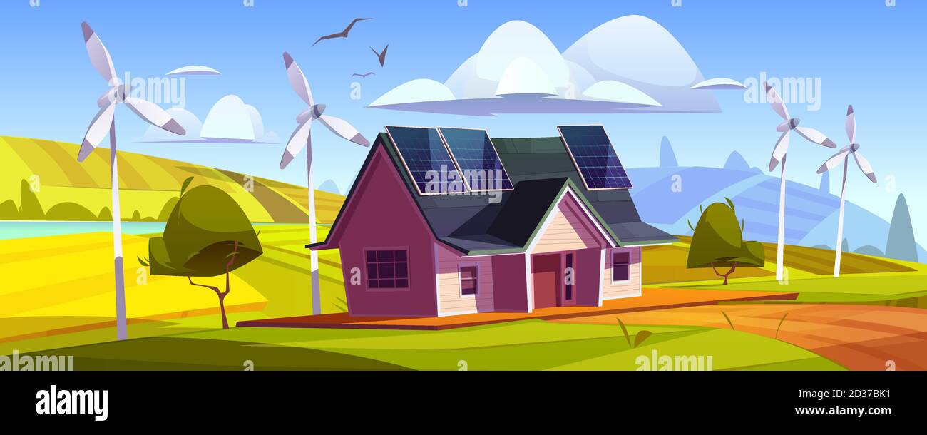Eco friendly power generation, green energy concept. House with solar panels on roof and wind turbines. Vector cartoon landscape with modern cottage and windmills Stock Vector