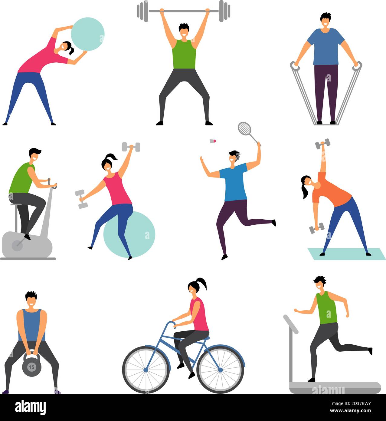 Sport activities. Characters outdoor making some exercises active people running man gymnastics fitness vector pictures Stock Vector