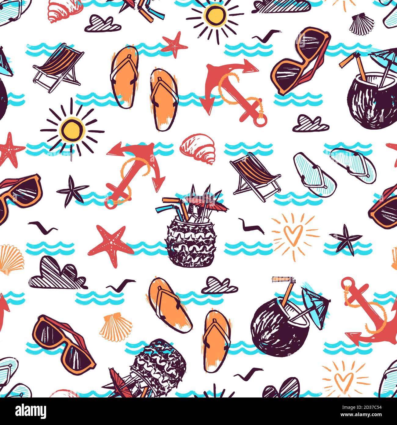 Summer seamless pattern with hand drawn vector elements - sunglasses ...