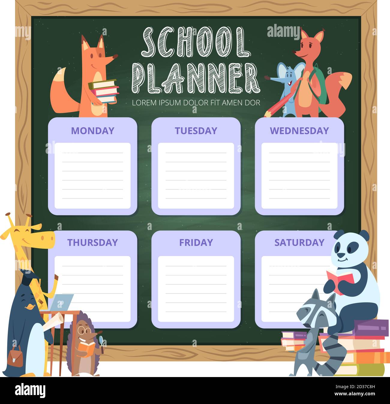 Planner for kids. School personal list organization for week funny cartoon animals illustrations vector Stock Vector
