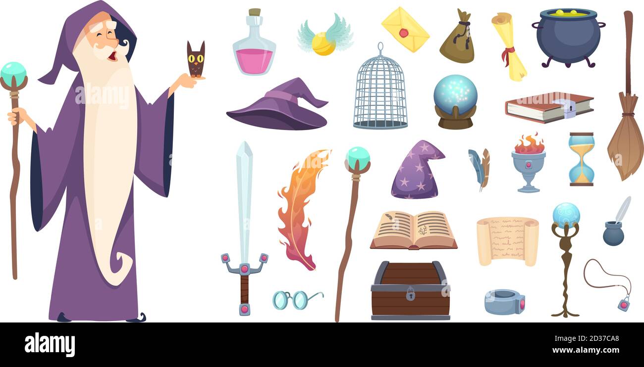 Magician tools. Wizard magic mystery broom potion witch hat and spell book vector cartoon pictures Stock Vector