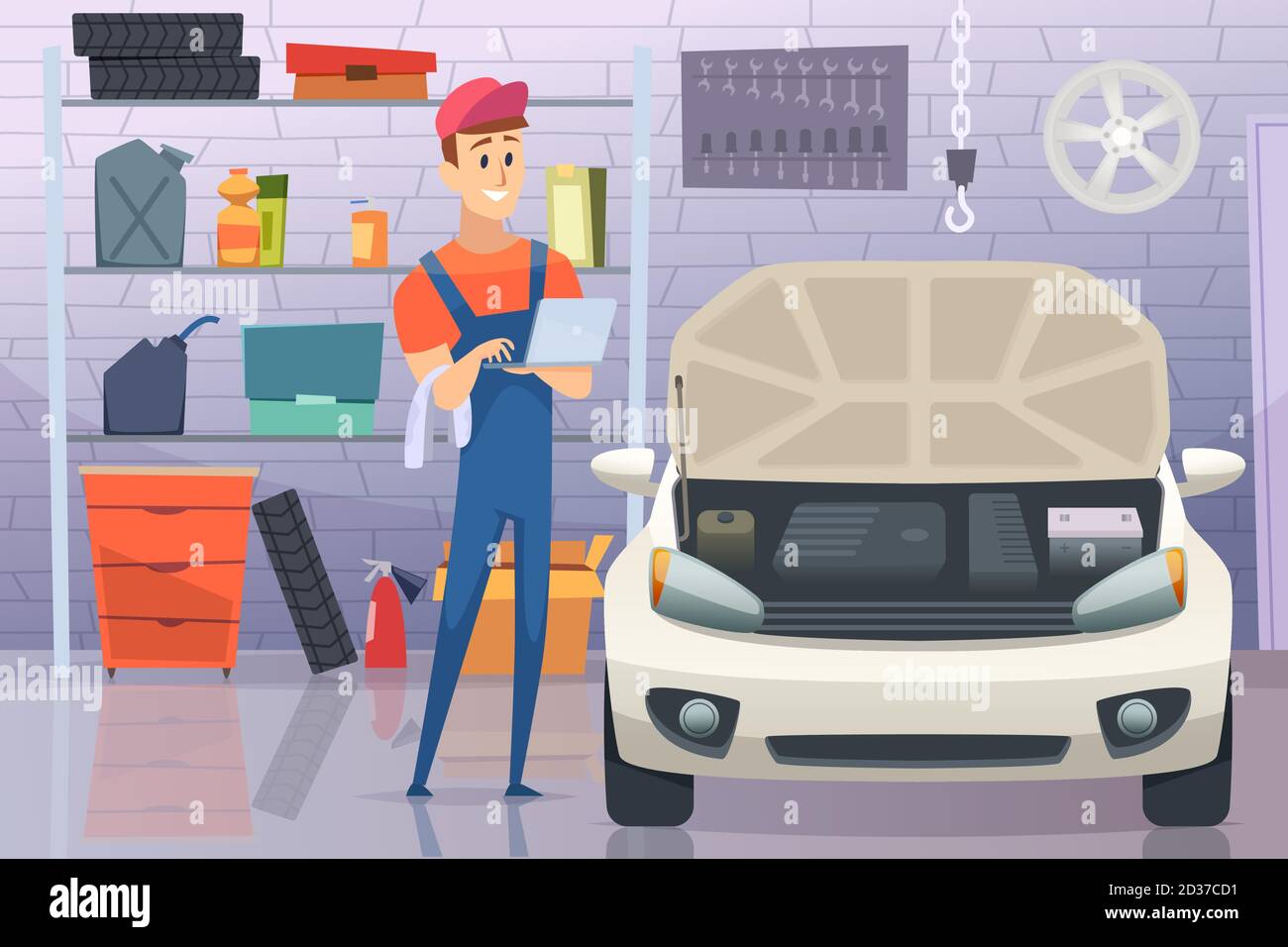 Mechanic in garage. Auto service man fixing repairing vehicle vector cartoon background Stock Vector