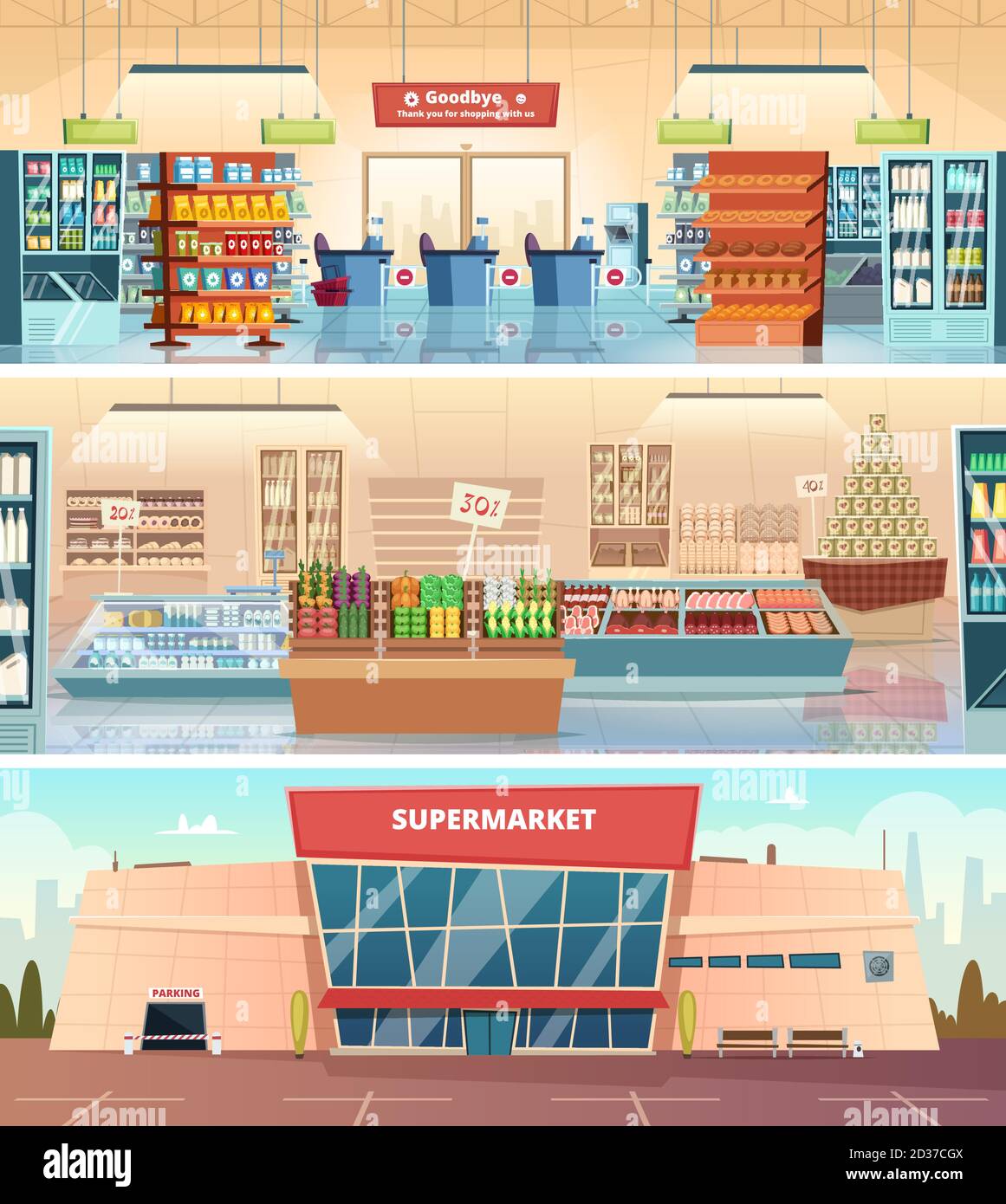 Supermarket facade. Grocery food market interior mall inside cashier vector cartoon illustrations Stock Vector