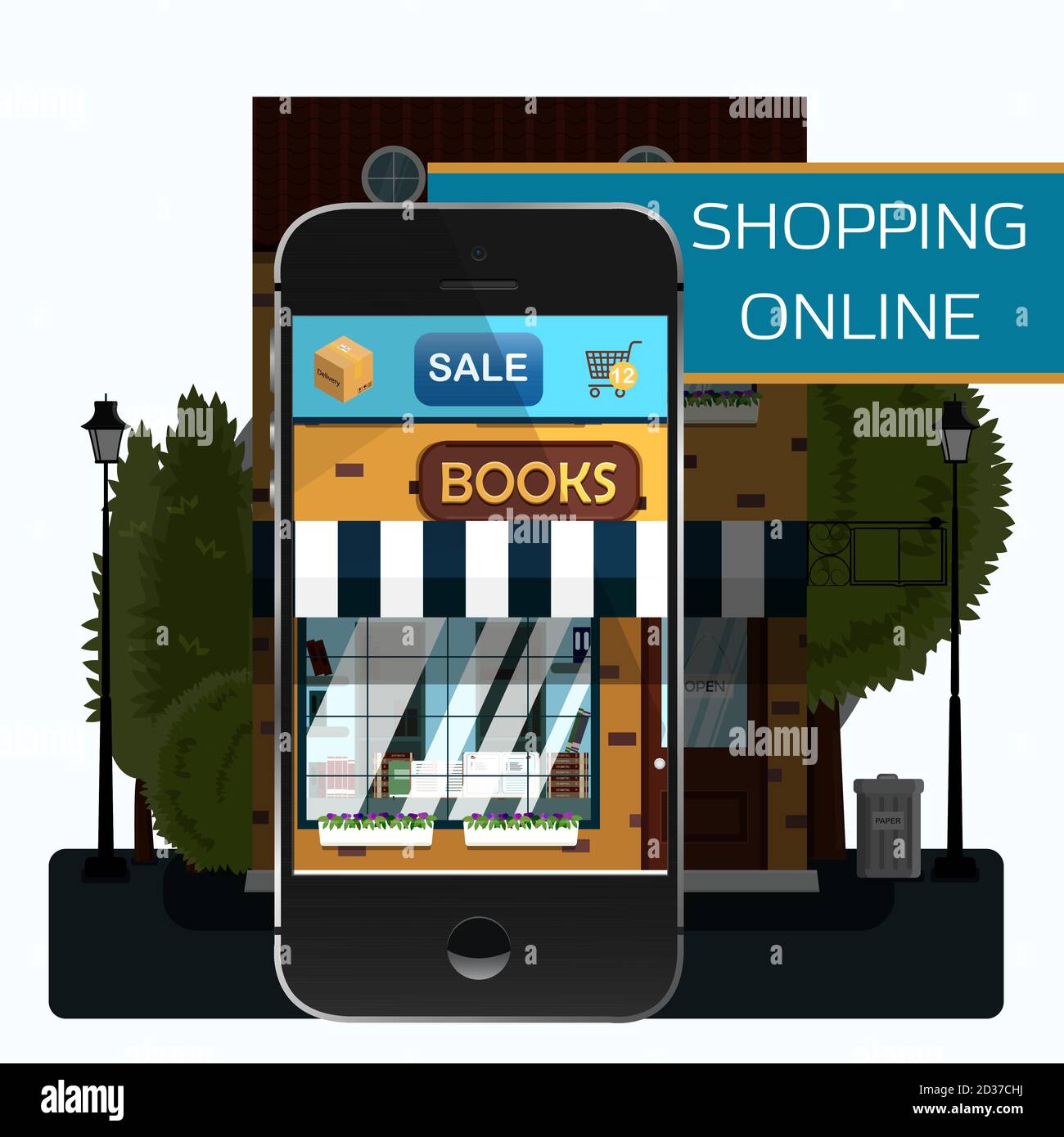 Mobile app, online books store Smartphone screen with the image of the facade of a books store for education. Buying goods from the comfort of your home with home delivery. A vector illustration can be used for a website, app, or ad. A smartphone in the form of a store. Stock Vector